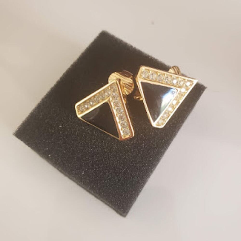 Christian Dior Vintage Gold Tone Black Triangle Rhinestone Clip On Earrings - Picture 4 of 6